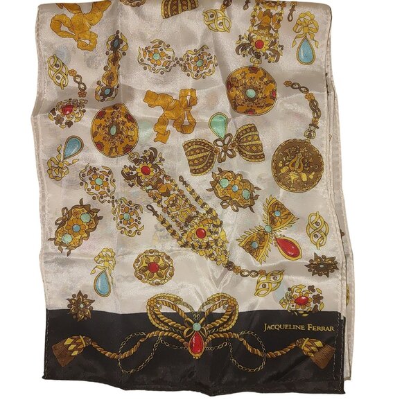 Vintage Jacqueline Ferrar Scarf Jewel Bow Print 50s Style 52 by 10 Silk Blend - Picture 5 of 8